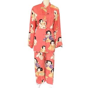 Citron Santa Monica Asian Print Silk Long Sleeve Top & Wide Leg Crop Pant Set